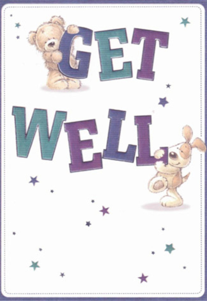 Crafted with heartfelt attention, this get well card radiates reassurance and hope, grounded in Cambridge Heath's caring community. The centerpiece is a charming scene: a plush teddy bear and a cheerful puppy, both rendered with such approachable detail that their characters seem to leap from the pristine cream background. Around them, playful stars in violets, teals, and blues swirl in midair, their sparkle reflecting the kindness found in local spots like Regent's Canal or on strolls past Columbia Road Flower Market. Bold, confident letters, shaded in purples and aquas, anchor the message with cheerful clarity, reminiscent of shopfront signs along Cambridge Heath Road. There's a softness to the textures-the bear's fluff and puppy's velvet ears come alive under a gentle, diffused light, evoking that comforting feeling of fresh petals and plush foliage arranged just-so in a delivered bouquet. This card, like a caring gesture from Cambridge Heath Florist, captures innocence, warmth, and genuine encouragement-a fitting tribute for anyone on the mend, reaching out across the miles with positivity that feels as real as a comforting embrace.
